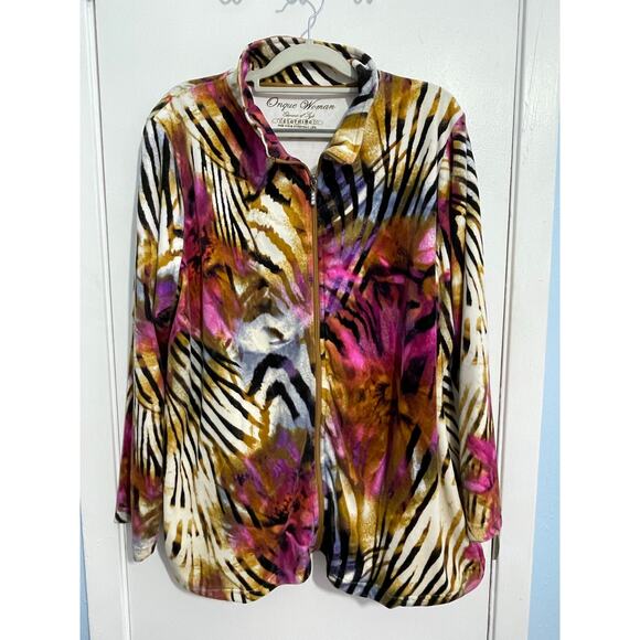 Onque Woman Shacket 1X Pink Animal Print Velvet Mobwife Athleisure Boho Artsy - Picture 1 of 5